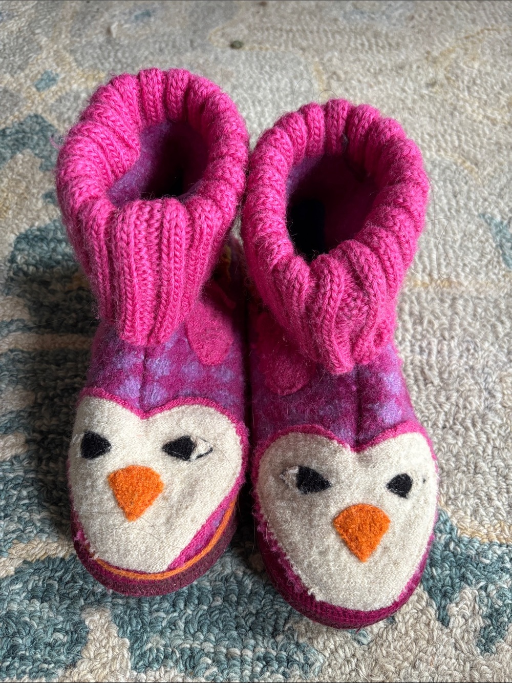 Garnet Hill Hot Pink Penguin Felted Kids Slippers